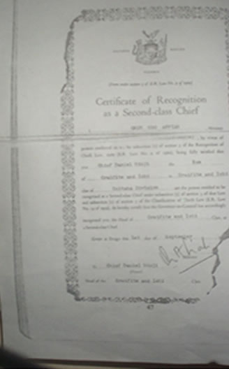 Certificate Of Recognition as a Second Class Chief.