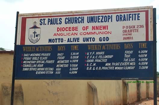 St Pauls Church Umuezopi Oraifite Main Sign Board.
